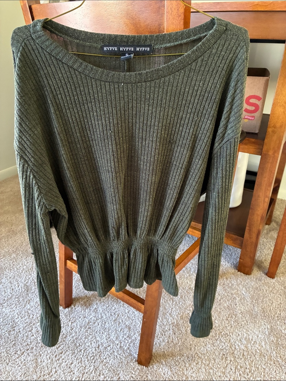 HYFVE Olive Ribbed Peplum Long Sleeve Sweater